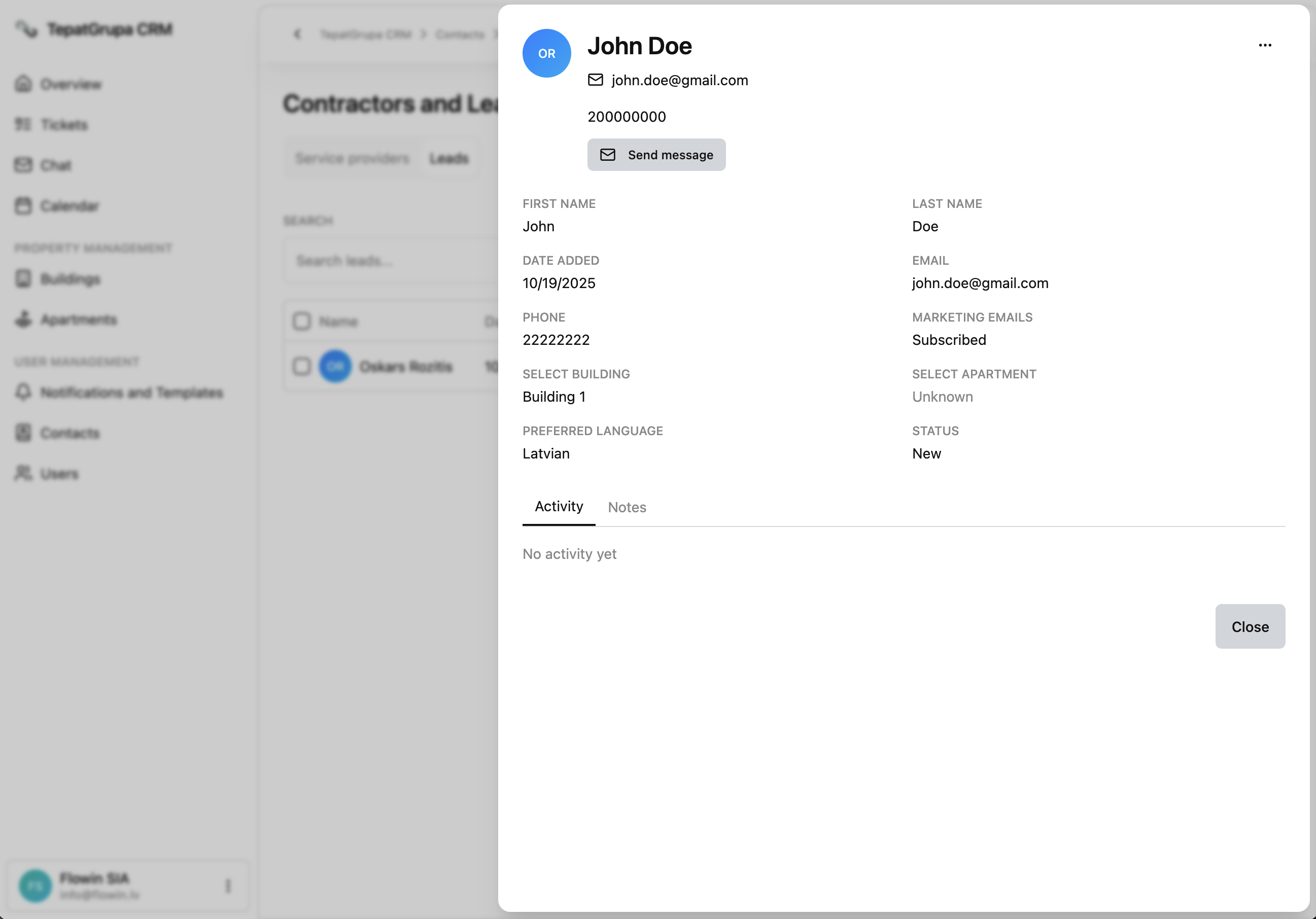 Leads view with statuses, notes, and automated follow-ups