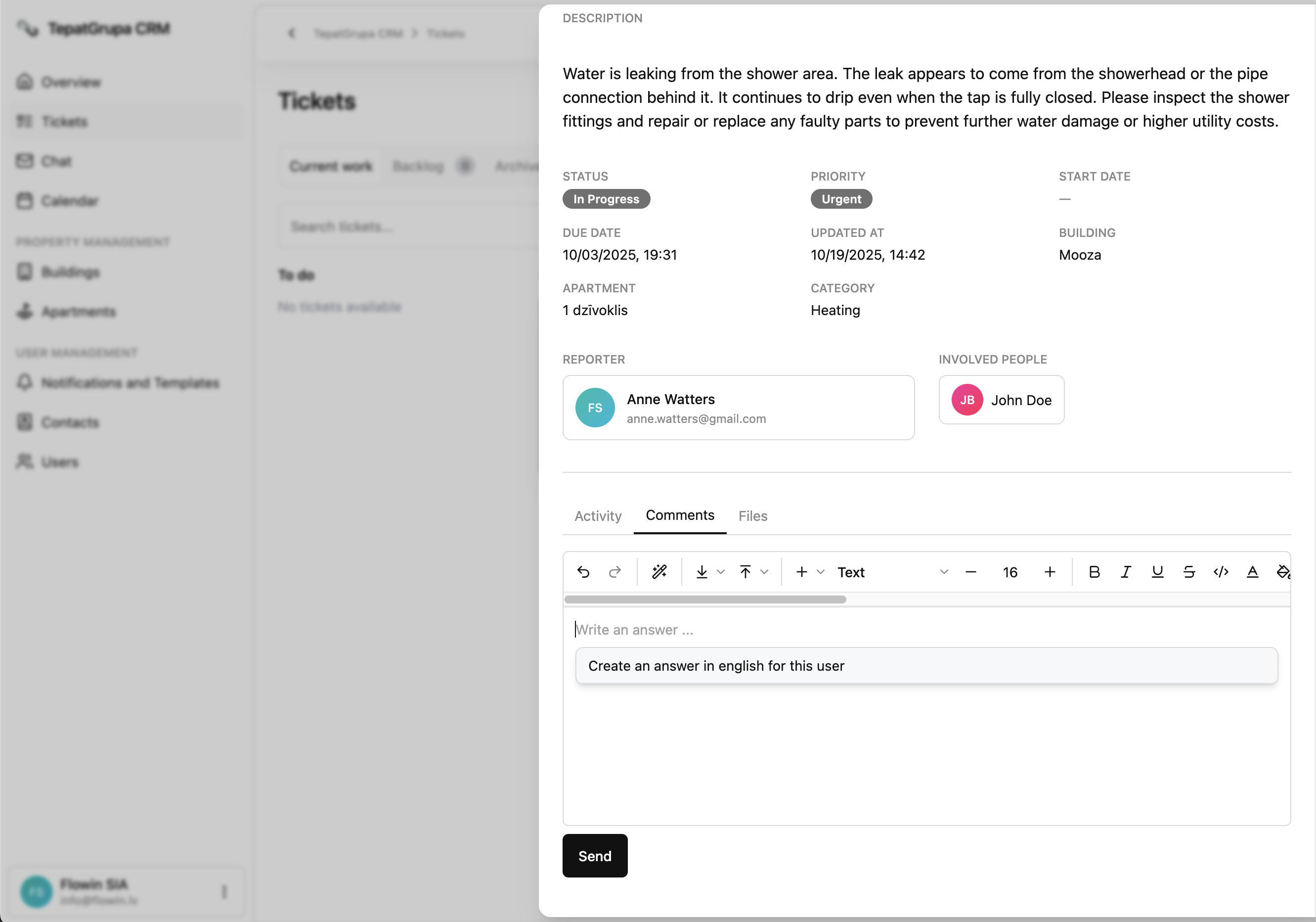 Ticket details screen with chat, files, and deadlines